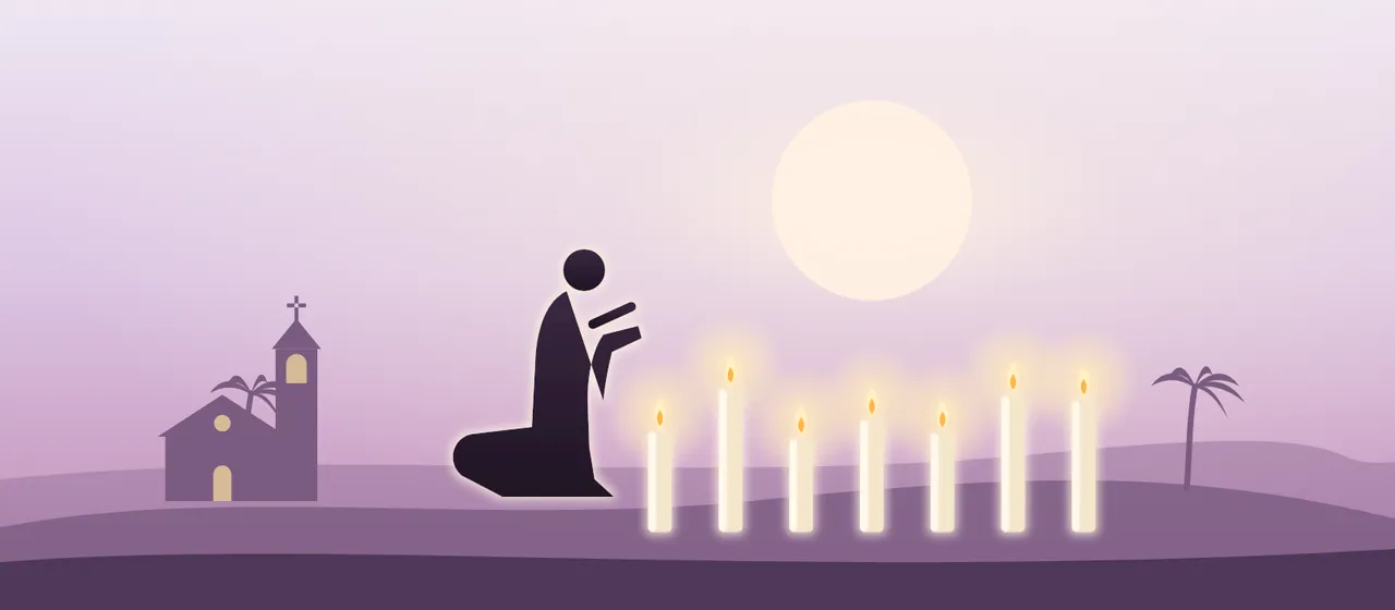 Persona arrodillada en oración junto a siete velas, una por cada pecado capital
