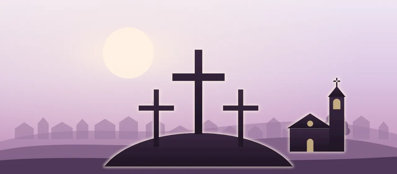 Silueta del Calvario con tres cruces al atardecer junto a una iglesia de pueblo en Semana Santa