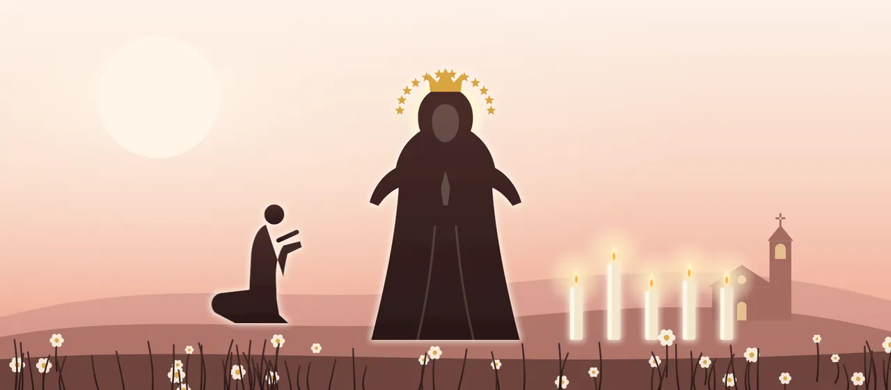 La Virgen María coronada, con velas y un fiel arrodillado rezando las letanías