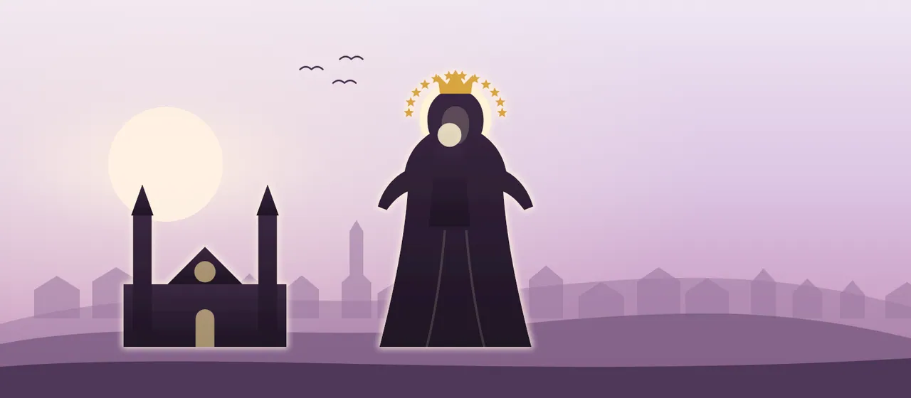 Virgen de la Almudena con el Niño junto a la silueta de la catedral de Madrid
